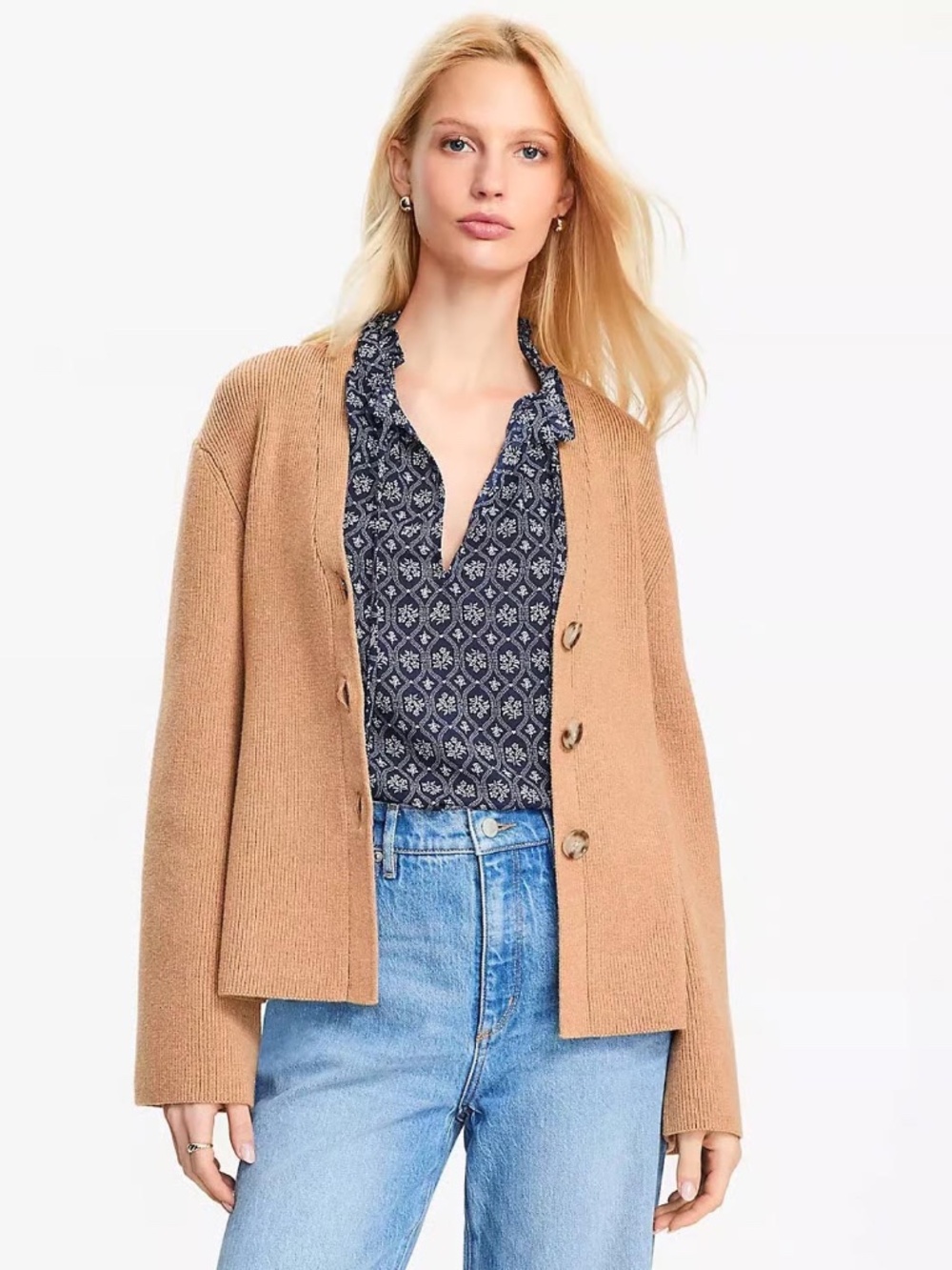 NWOT - LOFT Camel Button-Front Ribbed V-Neck Sweater - Size Petite Large